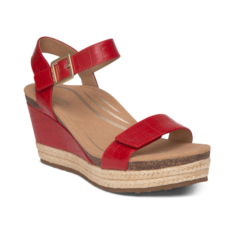 Aetrex Womens Sydney Quarter Strap Espadrille Wedges Red - IiKioOo79